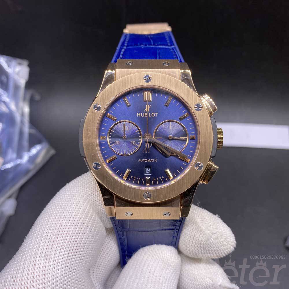 Hublot 7750 rose gold case 42mm blue dial blue strap chronograph full works M180