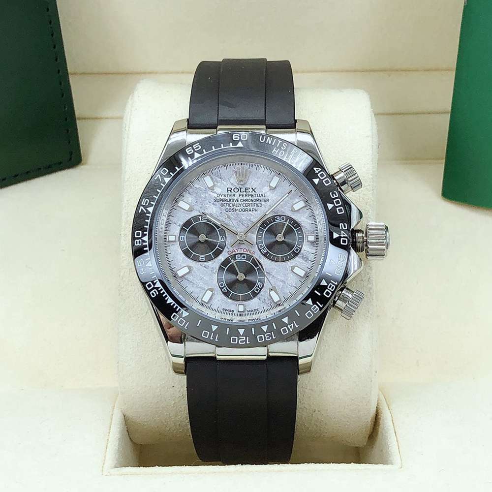 Daytona Meteorite dial silver case 40mm black ceramic bezel black rubber strap AAA automatic S