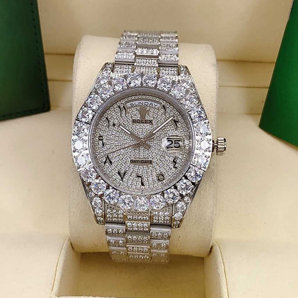 DayDate 43mm iced out silver case diamonds face Arabic numbers AAA automatic men S095