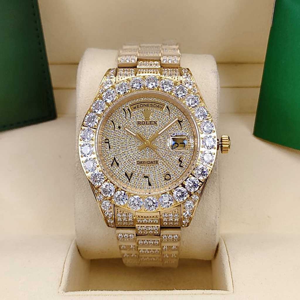 DayDate 43mm iced out gold case diamonds face Arabic numbers AAA automatic S095