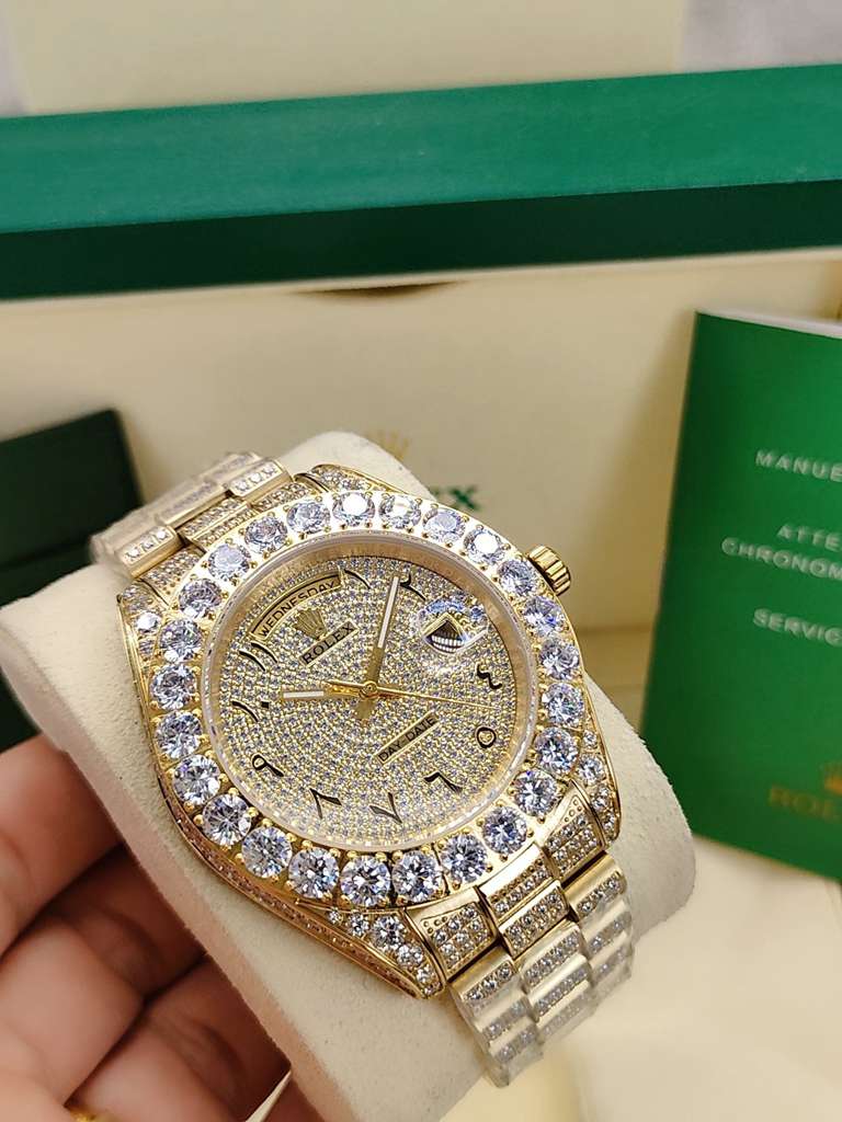 DayDate 43mm iced out gold case diamonds face Arabic numbers AAA automatic S095