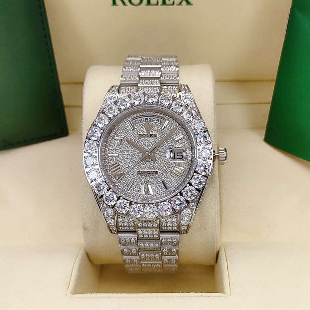 DayDate 43mm Roman numbers all diamonds silver case prongset bezel men AAA automatic S