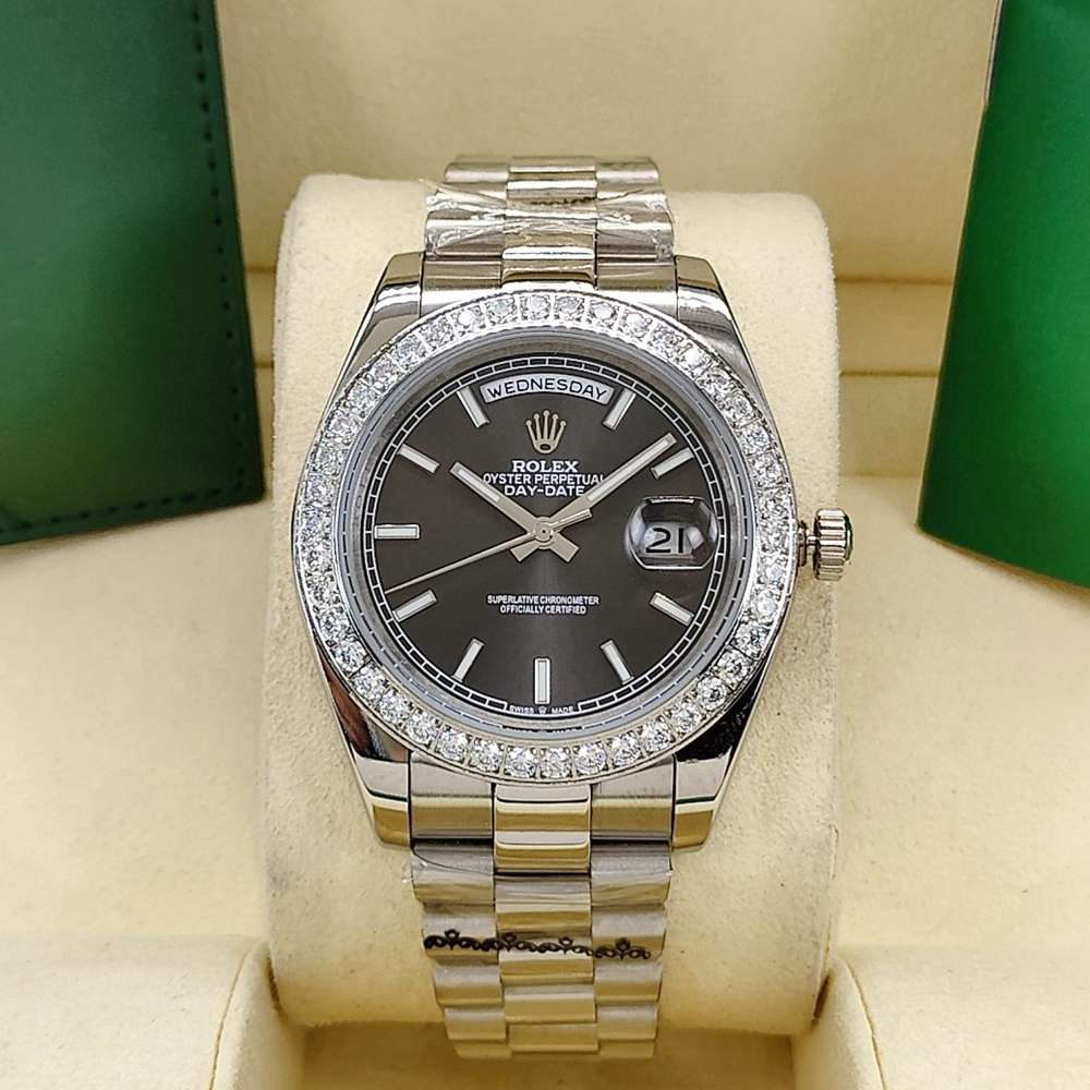 DayDate 41mm silver case dark gray dial diamonds bezel AAA automatic men replica Rolex watches