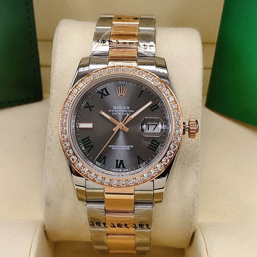 Datejust 36mm rose gold two tone case gray dial roman numbers diamonds bezel AAA automatic S