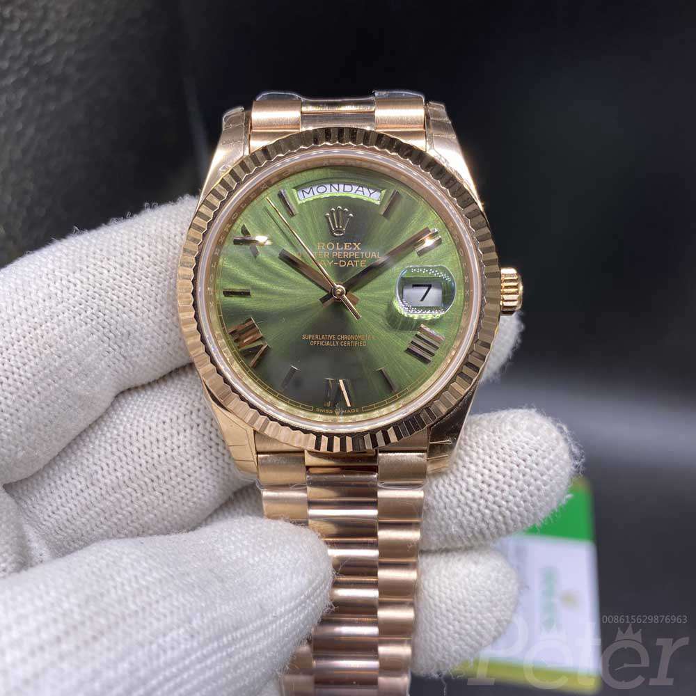 DayDate rose gold case 39mm green dial roman numbers EW 3255 automatic Swiss 1:1 high grade 014