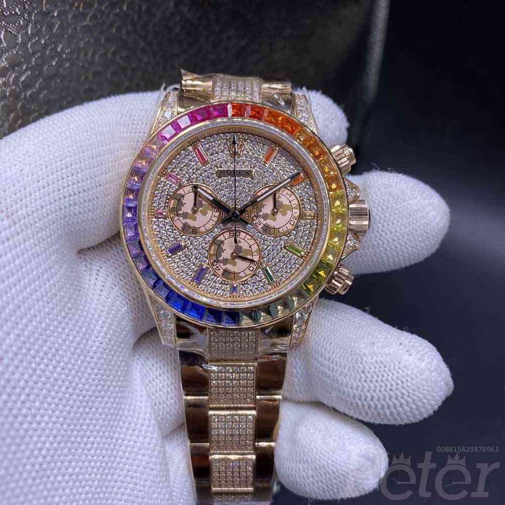 Daytona rainbow baguette stones bezel rose gold case diamonds face JH chronograph 7750 top quality WT225