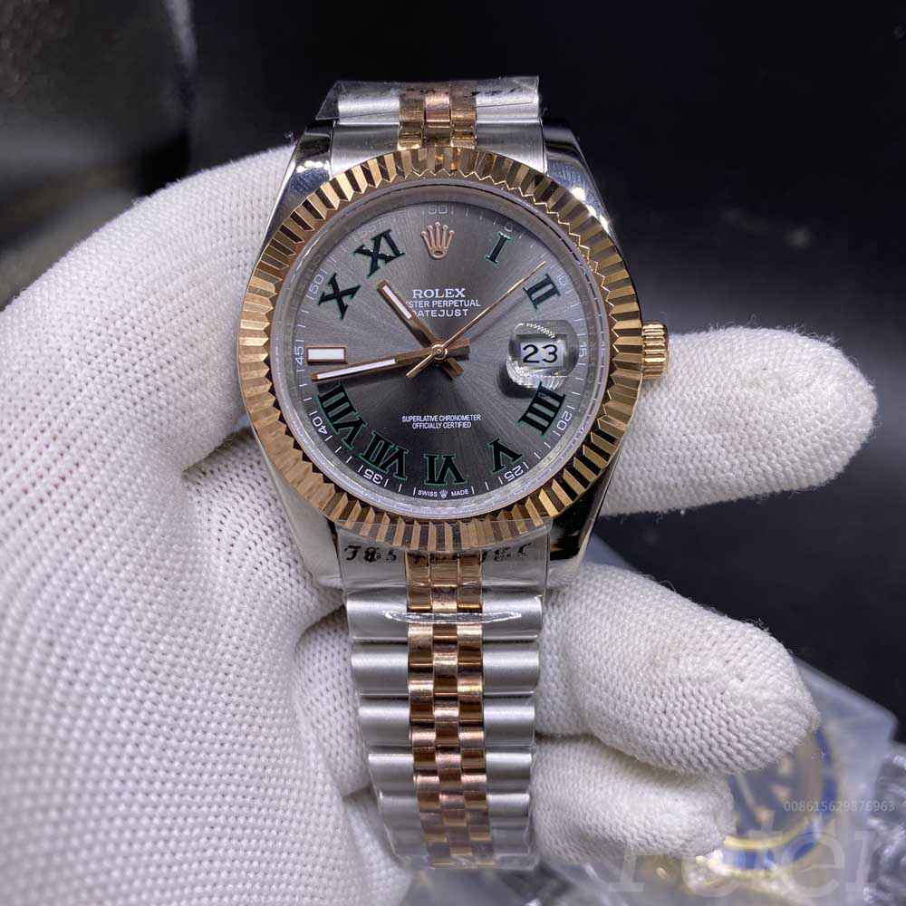 Datejust 41 rose gold 2tone case gray dial green roman numbers jubilee band men Rolex AAA watch S025