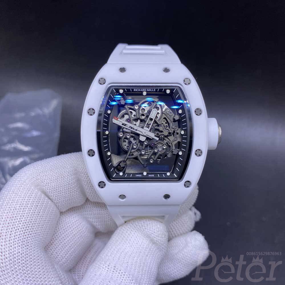 RM055 full ceramic white skeleton case 42x49mm white rubber strap top 1:1 ZF factory auto WT350