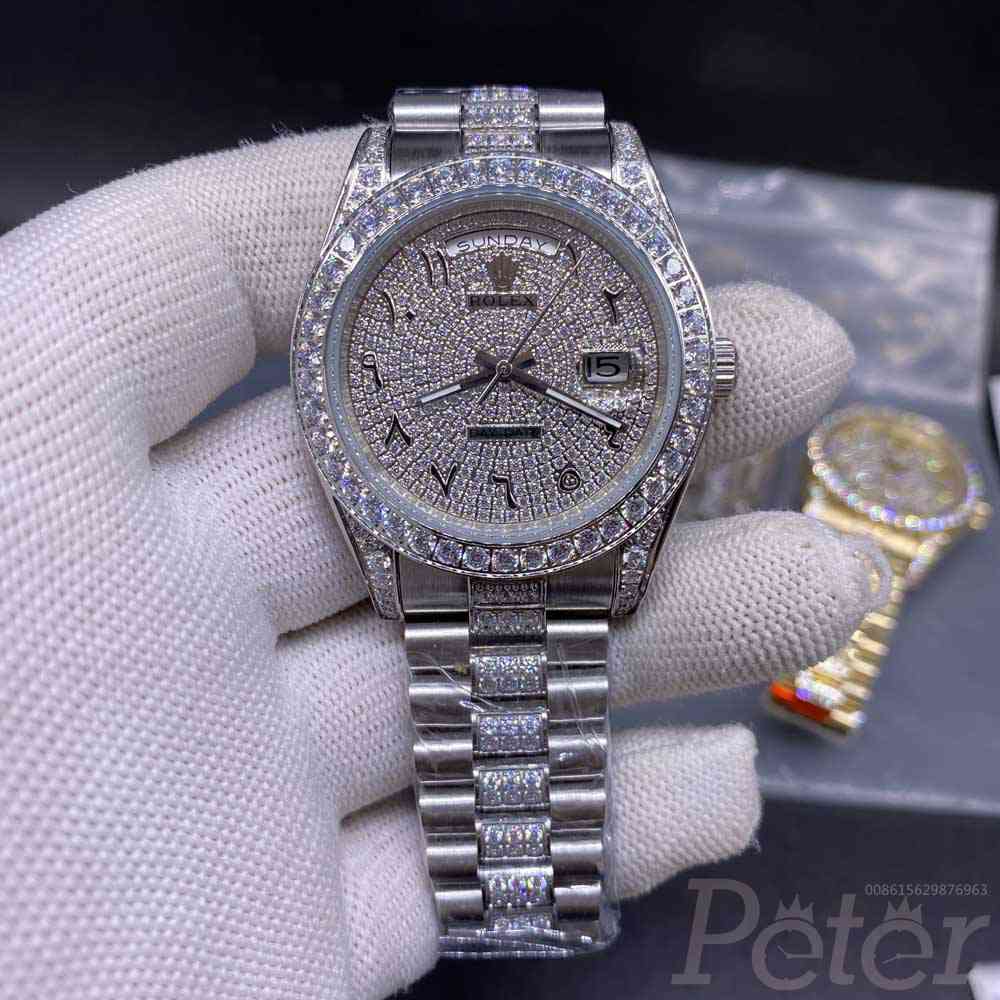 DayDate AAA automatic silver case 40mm diamonds face arabic numbers zircon stones S050