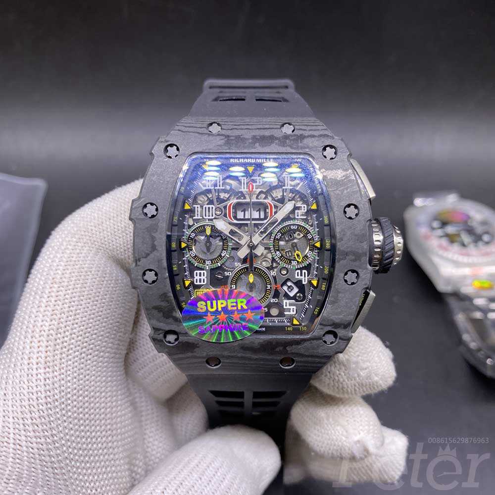 RM11-03 black carbon case 44x50mm Chronograph 7750 automatic movement black rubber strap men stopwatch M285