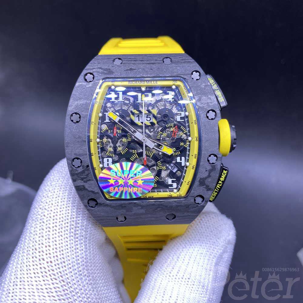 RM011 black Carbon case 42x50mm yellow rubber Chrongraph 7750 full works automatic men stopwatch M285