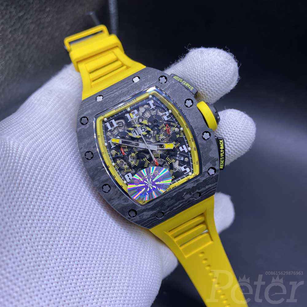 RM011 black Carbon case 42x50mm yellow rubber Chrongraph 7750 full works automatic men stopwatch M285