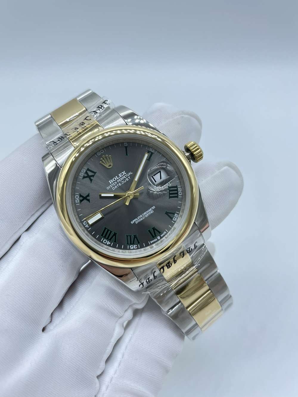 Datejust 2tone gold 36mm gray dial green Roman numbers oyster band AAA automatic S