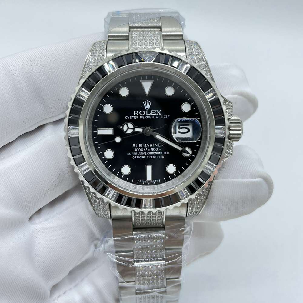 SUB baguette stones bezel silver case 40mm black dial diamonds band AAA automatic 2813 S075