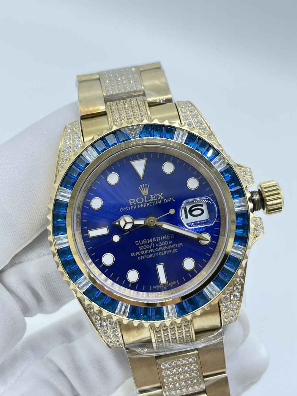 SUB gold case 40mm baguette blue stones blue face AAA automatic 2813 movement diamonds band S075