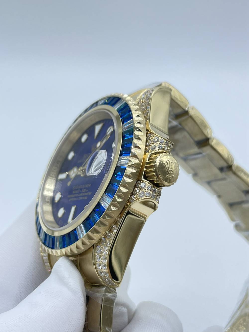 SUB gold case 40mm baguette blue stones blue face AAA automatic 2813 movement diamonds band S075