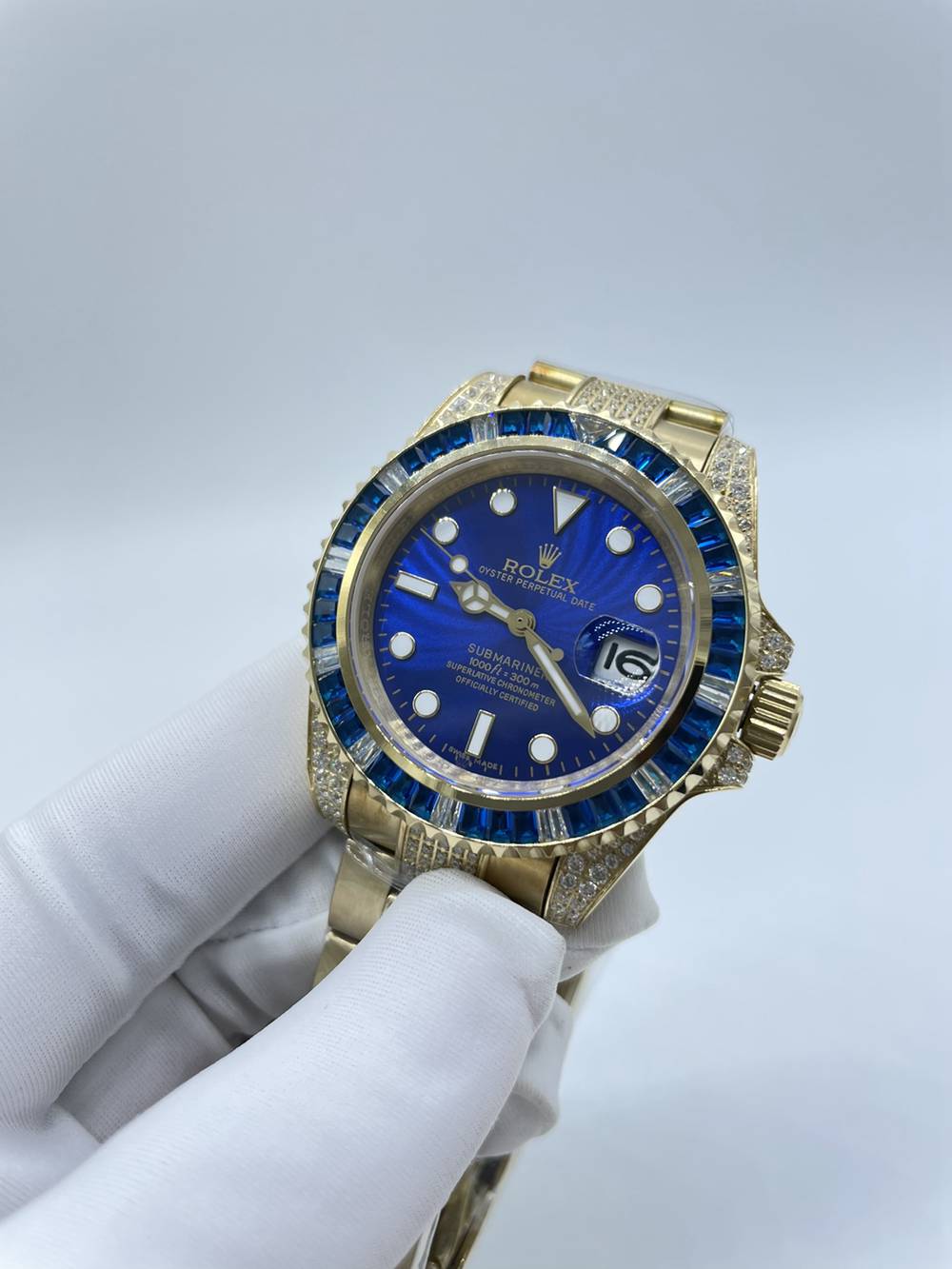 SUB gold case 40mm baguette blue stones blue face AAA automatic 2813 movement diamonds band S075