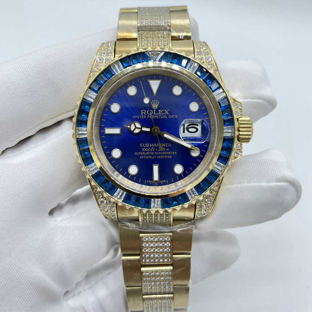 SUB gold case 40mm baguette blue stones blue face AAA automatic 2813 movement diamonds band S075