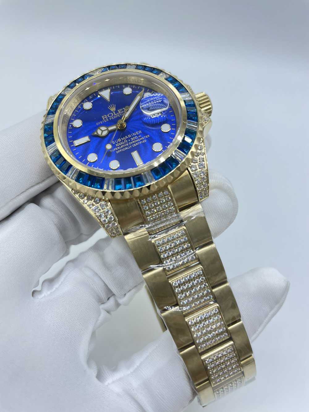SUB gold case 40mm baguette blue stones blue face AAA automatic 2813 movement diamonds band S075