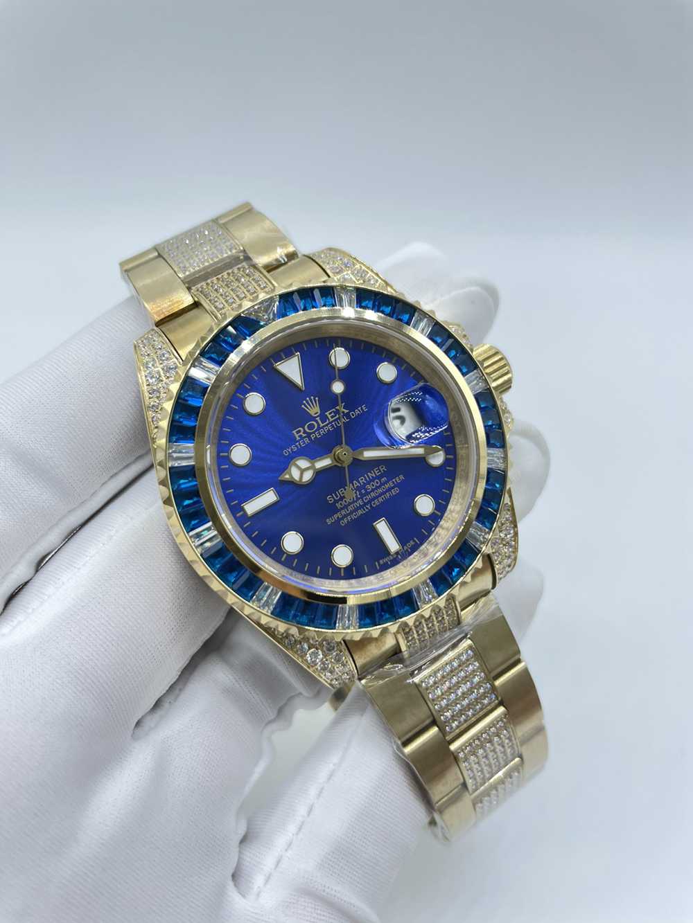 SUB gold case 40mm baguette blue stones blue face AAA automatic 2813 movement diamonds band S075