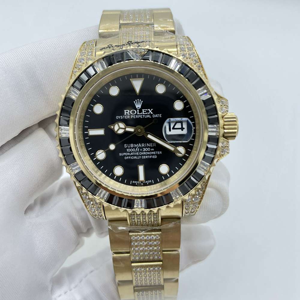 SUB gold case 40mm black dial baguette diamonds bezel diamonds strap AAA automatic 2813 S075