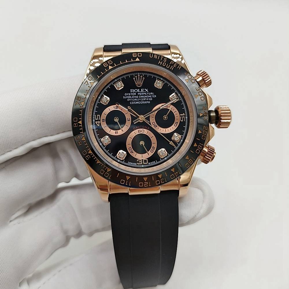Daytona rose gold case 40mm black dial stone numbers Flexoyster rubber strap AAA automatic 2813 S