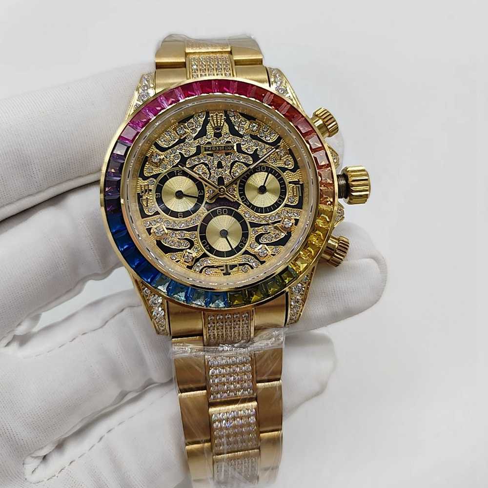 Daytona leopard dial gold case 40mm rainbow baguette stones bezel diamonds strap AAA automatic S083