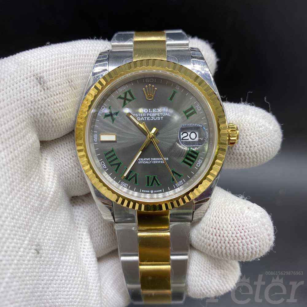 Datejust 2tone gold case 39.5mm EW factory 3235 movement fluted bezel oyster band gray dial green roman numbers M125