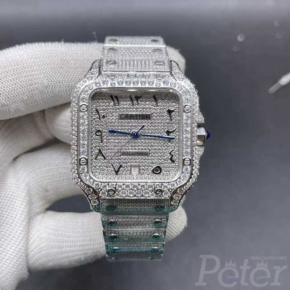 Cartier Santos diamonds AAA grade silver case 38mm Arabic numbers blue hands automatic movement BL028
