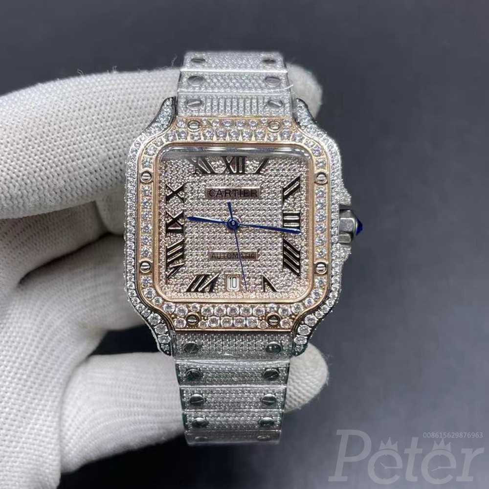 Cartier Santos diamonds AAA rose gold two tone case 38mm roman numbers blue hands automatic shiny watch BL028