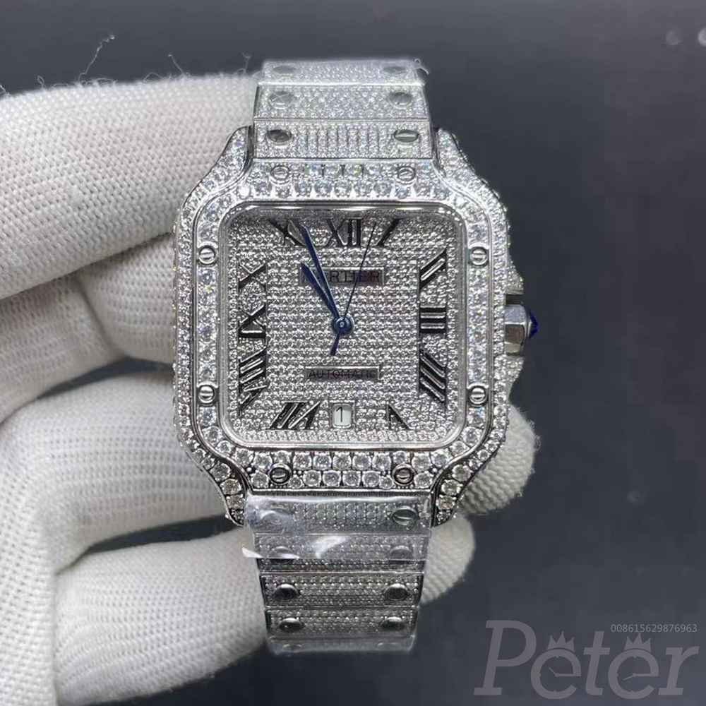 Cartier Santos AAA all white Roman numbers blue hands big diamonds bezel automatic bling wristwatch BL028