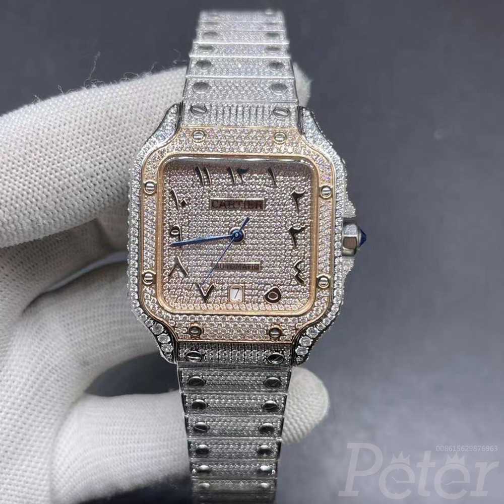 Cartier Santos AAA rose gold two tone regular diamonds bezel Arabic numbers blue hands automatic shiny watch BL028