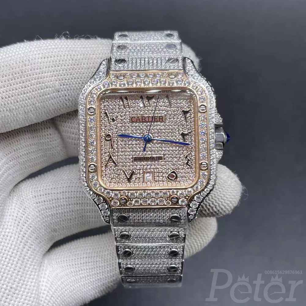Cartier Santos diamonds two tone rose gold 38mm AAA automatic Arabic numbers blue hands shiny zircon stones BL028