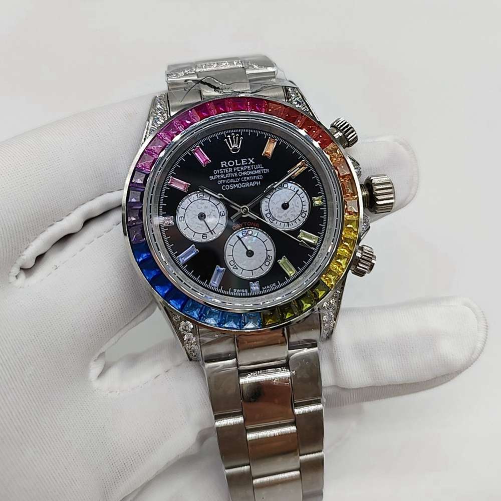 Daytona Rainbow numbers silver case 40mm black dial baguette diamonds bezel AAA automatic S038