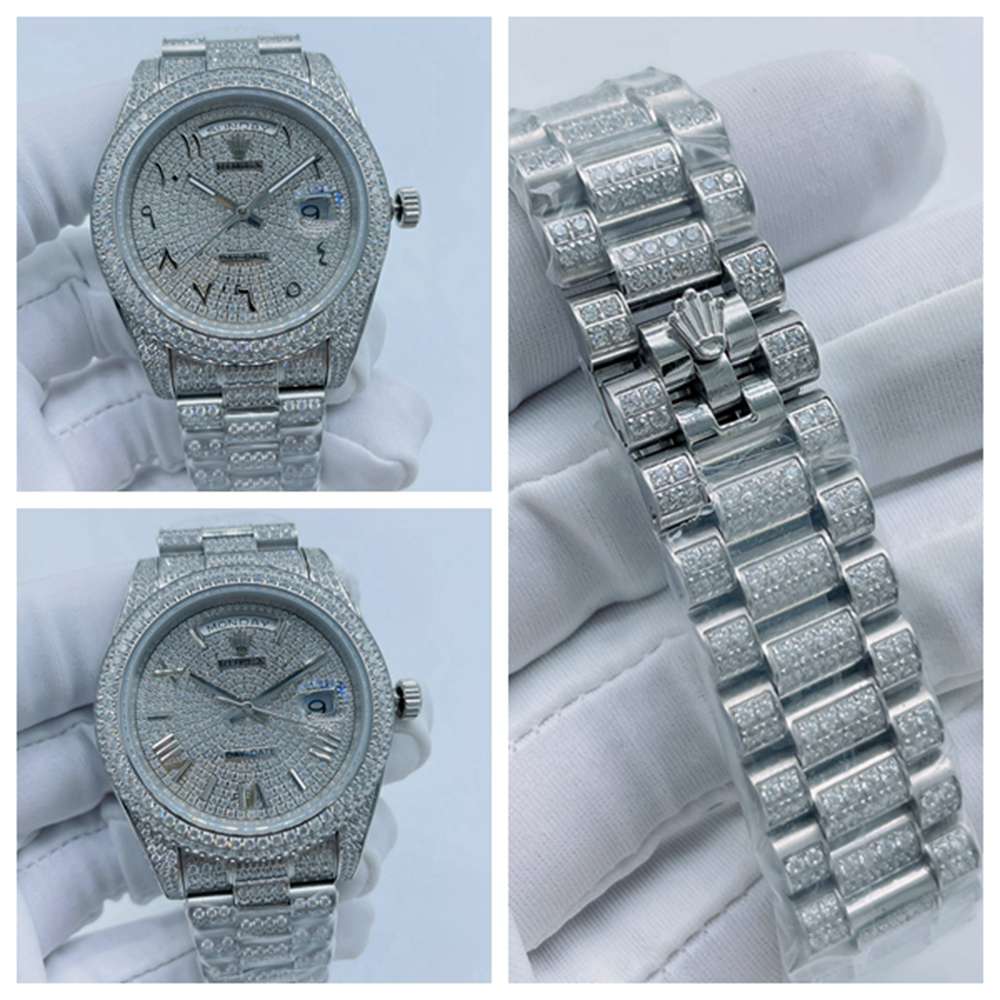 DayDate 41mm full diamonds silver case Arabic/Roman numbers president bracelet men shiny watch S100