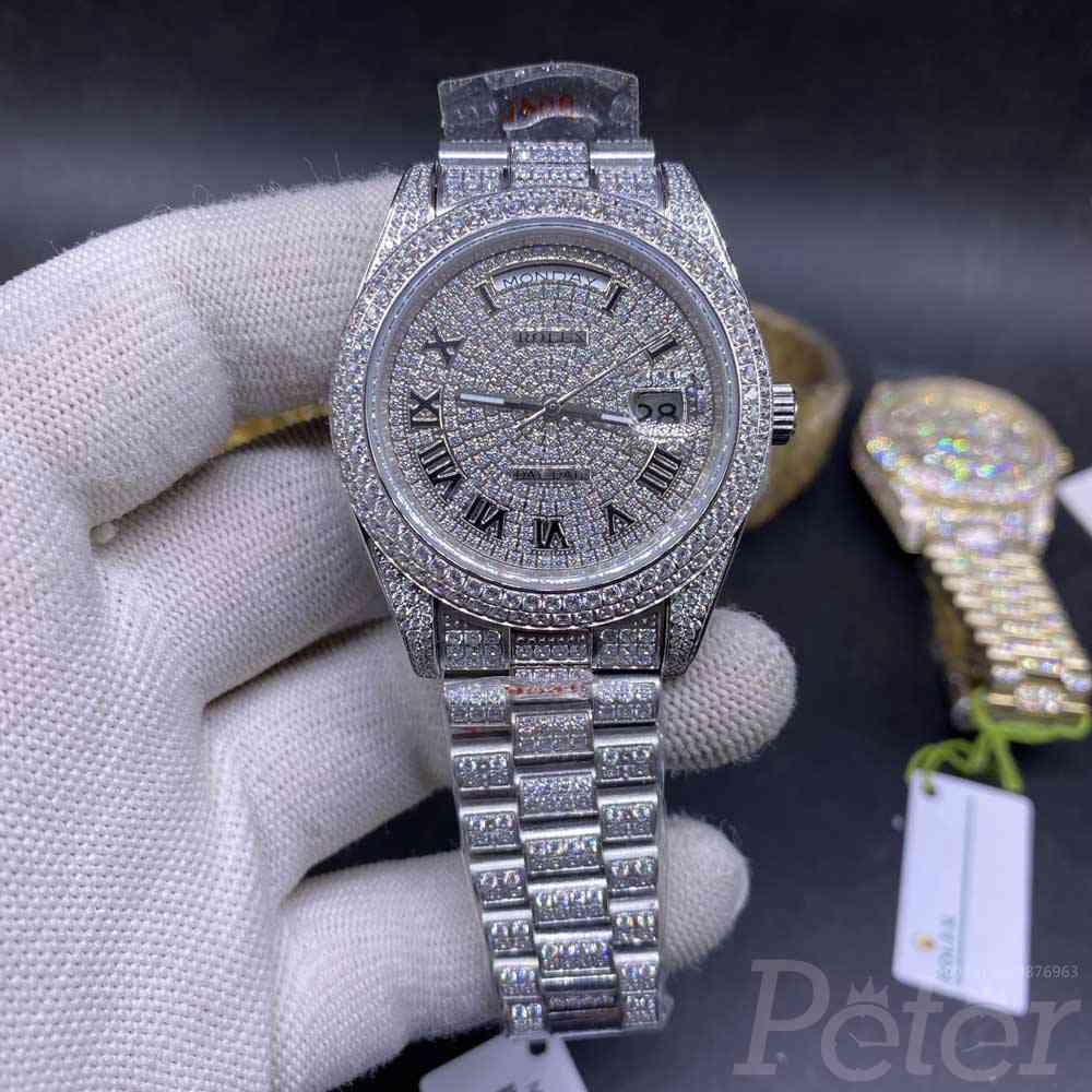 DayDate 41mm full iced silver case Roman numbers shiny diamonds president bracelet AAA automatic S100