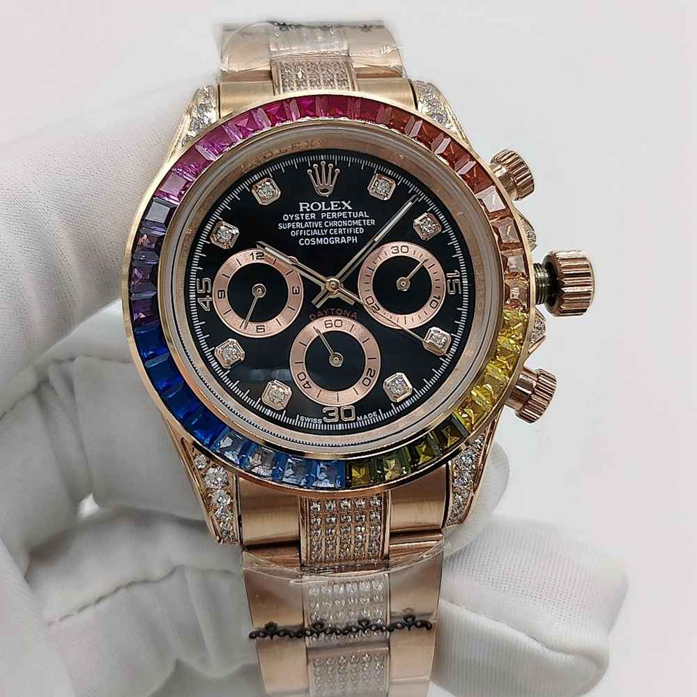 Daytona AAA rainbow baguette stones bezel 40mm rose gold case diamonds numbers automatic 2813 S080