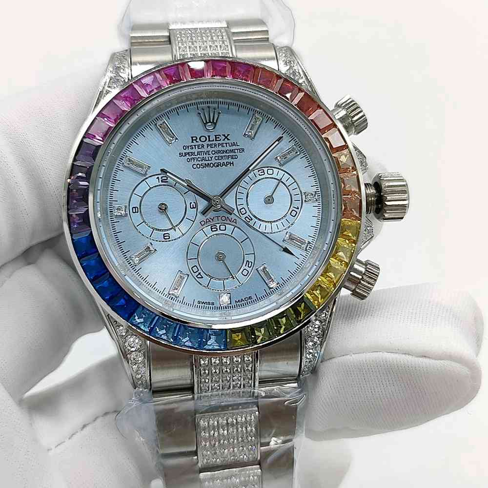 Daytona rainbow 40mm AAA silver/blue 10 baguette-cut diamonds numbers 2813 automatic men watch S080