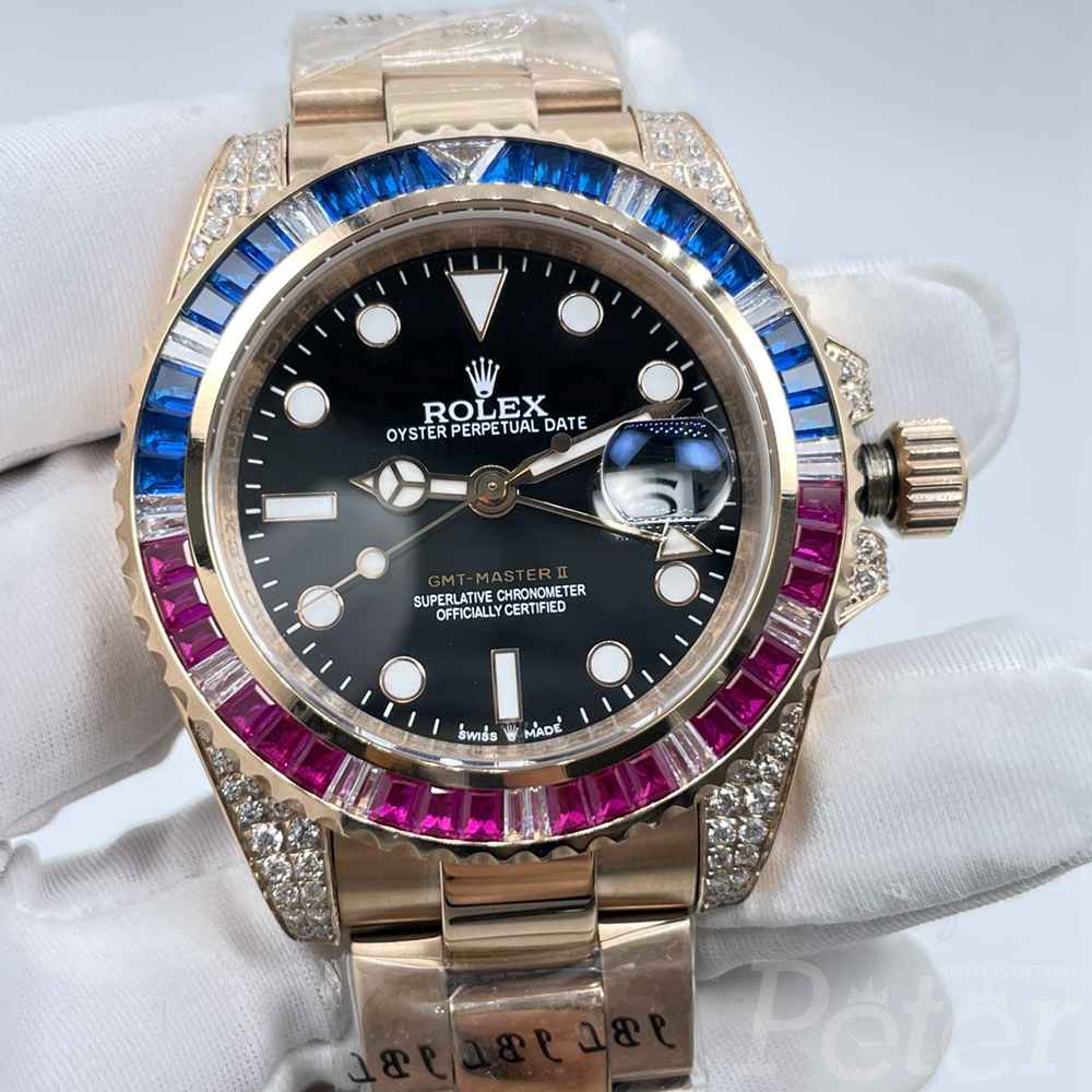 GMT rainbow baguette diamonds bezel rose gold case 40mm black dial AAA automatic men watch S050