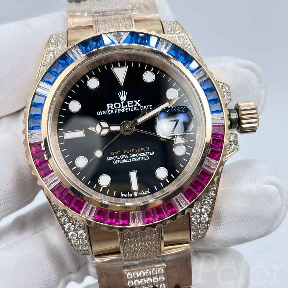 GMT rainbow diamonds bezel rose gold case 40mm diamonds oyster bracelet AAA automatic men watch S080