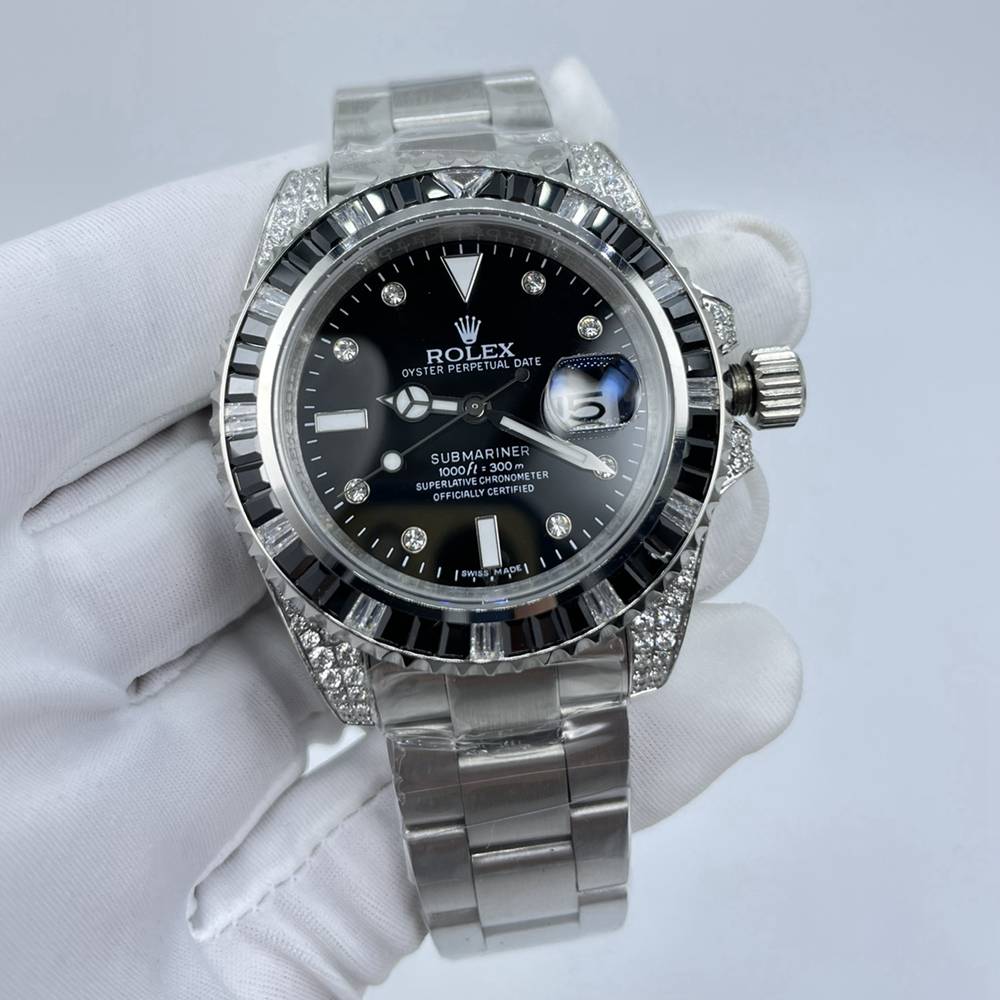 SUB 40mm silver/black baguette stones bezel diamonds numbers AAA 2813 automatic men watch S050