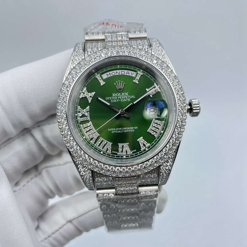DayDate 41mm full diamonds silver case green dial Roman numbers AAA automatic 2813 men watch S100