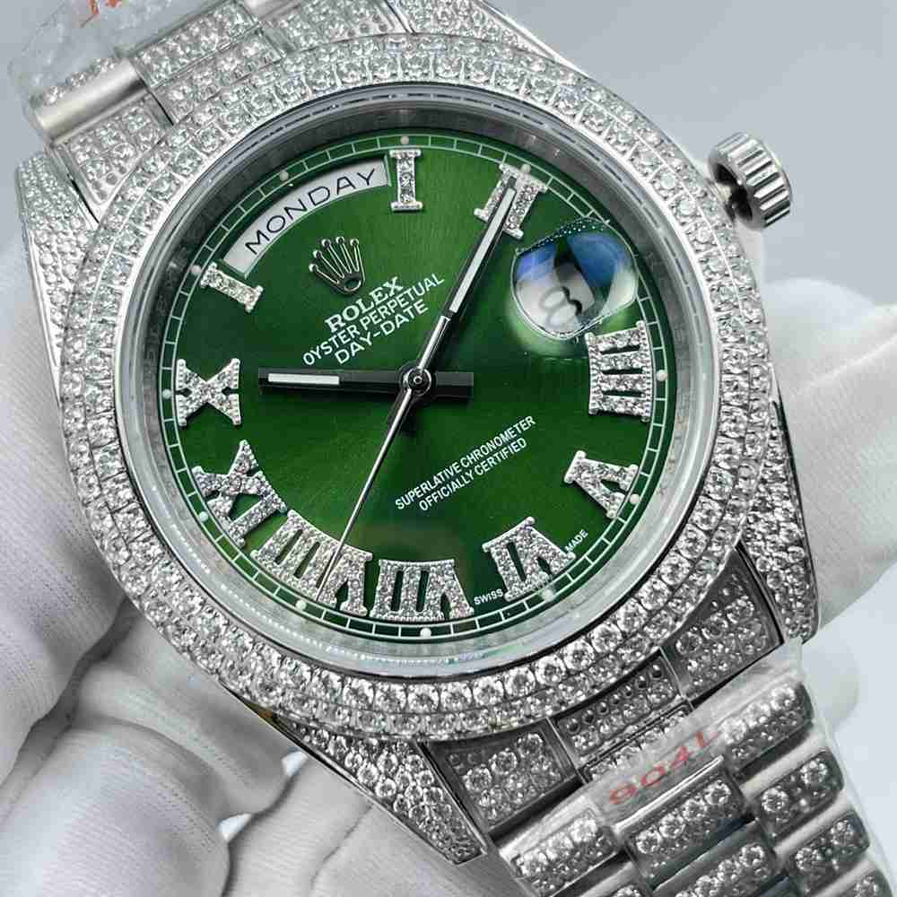 DayDate 41mm full diamonds silver case green dial Roman numbers AAA automatic 2813 men watch S100