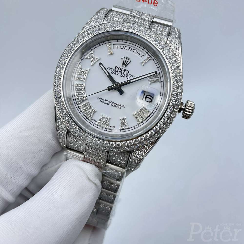 DayDate 41mm full diamonds silver case white dial stone roman numbers AAA automatic men shiny watch S100