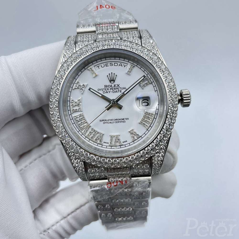 DayDate 41mm full diamonds silver case white dial stone roman numbers AAA automatic men shiny watch S100