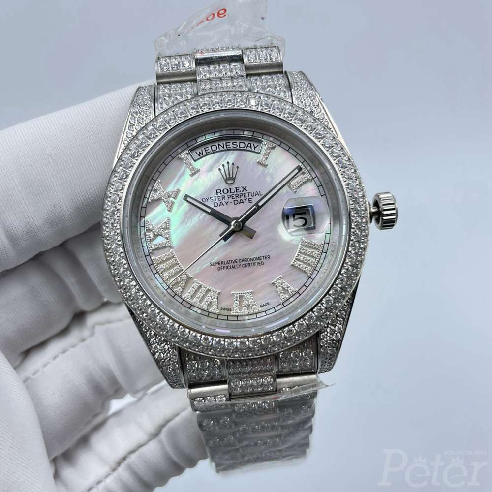 DayDate 41mm white pearl dial diamonds case Roman numbers AAA automatic men shiny zircon watch S100