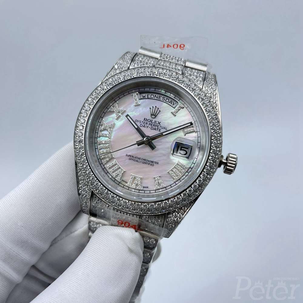 DayDate 41mm white pearl dial diamonds case Roman numbers AAA automatic men shiny zircon watch S100