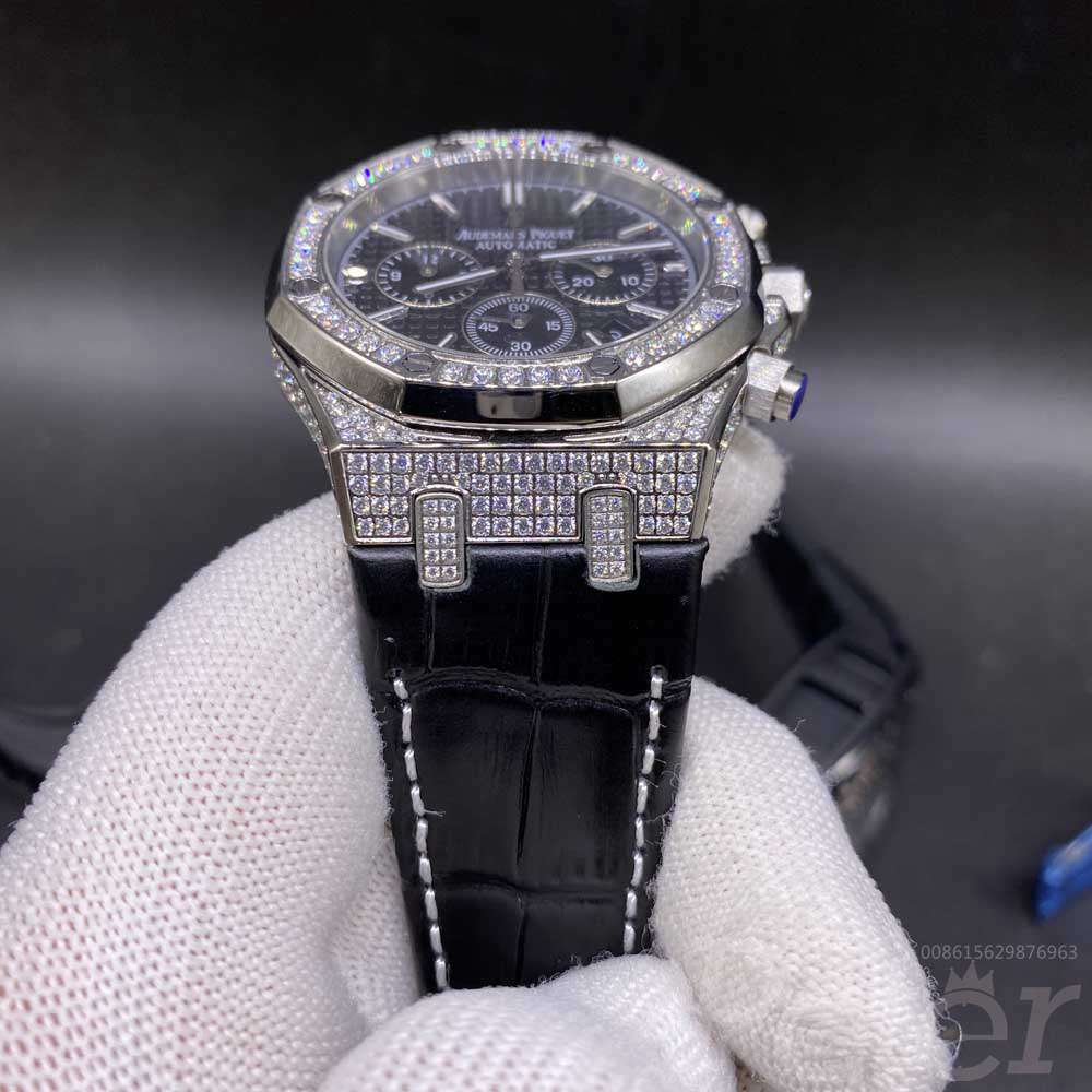 AP diamonds silver case 42mm black/blue face black/blue leather strap AAA quartz movement full works stopwatch