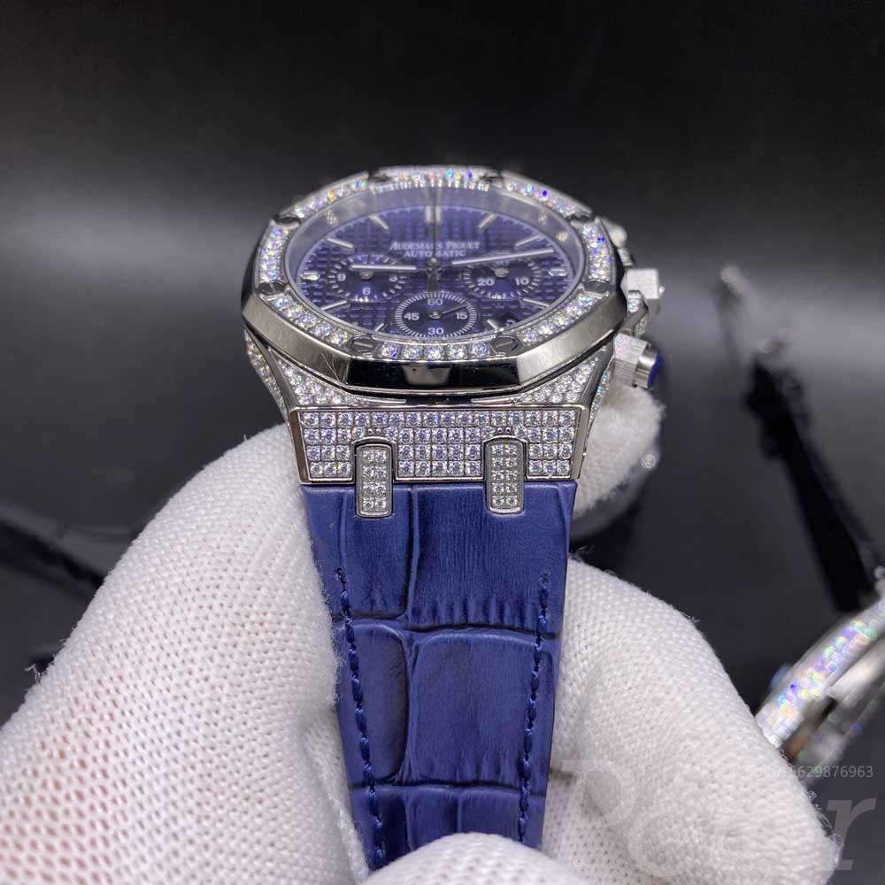 AP diamonds silver case 42mm black/blue face black/blue leather strap AAA quartz movement full works stopwatch