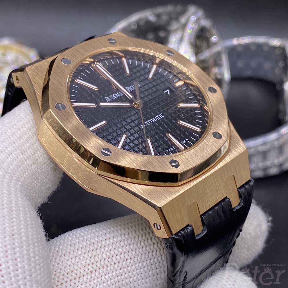 AP rose gold case 42mm black dial black leather strap AAA automatic 2813 movement men wristwatch XJ026